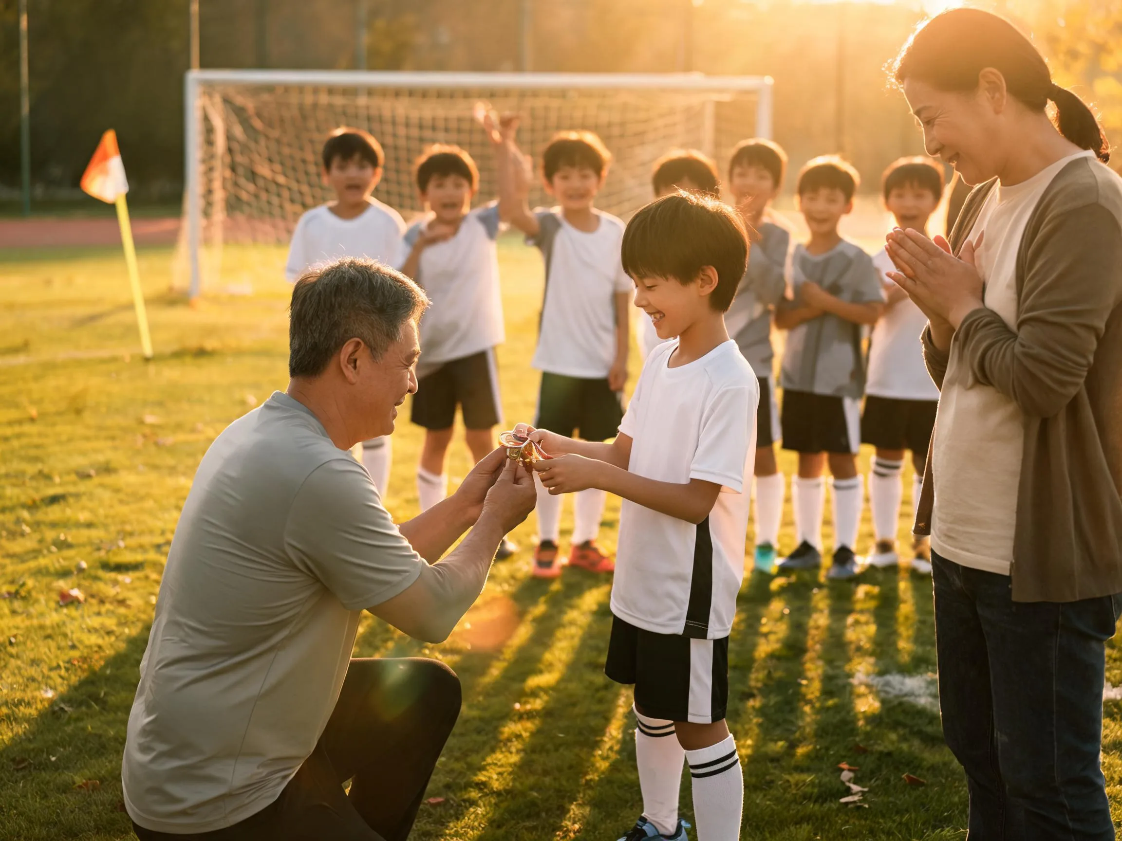 Coach and young soccer player share a proud emotional moment on the pitch.