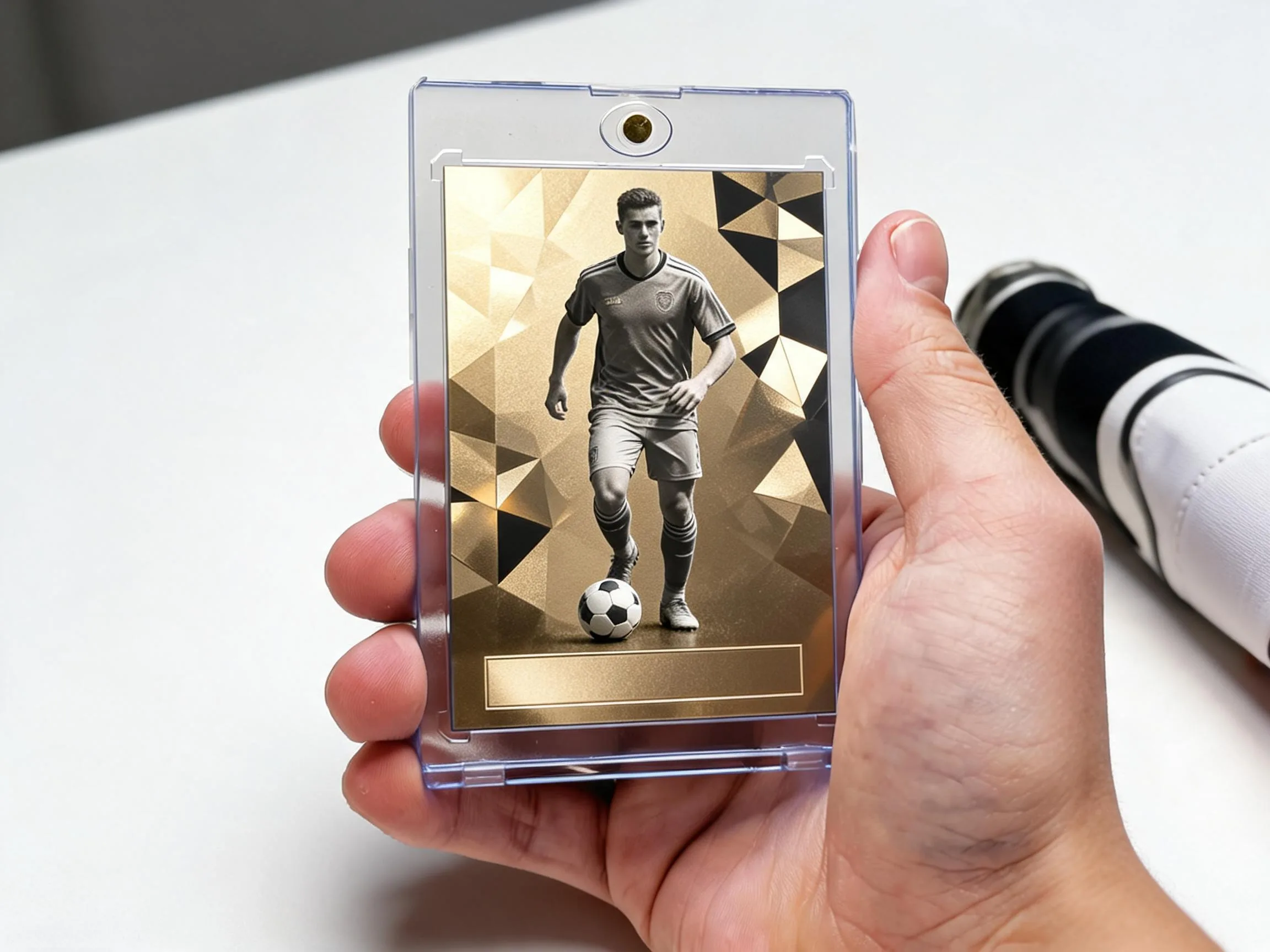 Custom soccer trading card in clear magnetic case with brushed-gold design.