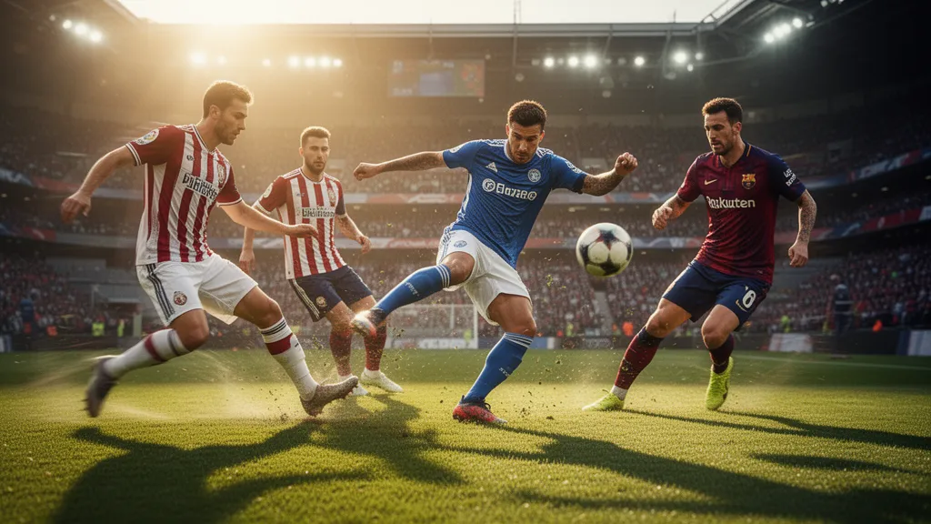 Soccer players in dynamic match action with one athlete striking the ball during competitive play