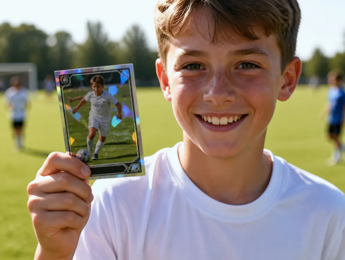 Young soccer player holding a custom soccer trading card on the pitch