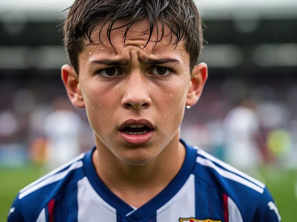 Young soccer athlete displaying focused determination and concentration during competitive match play
