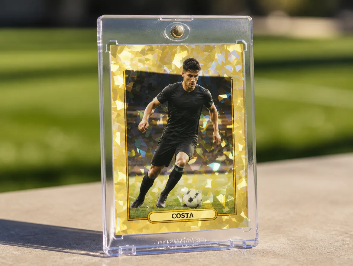 Custom soccer trading card displayed in a premium magnetic case