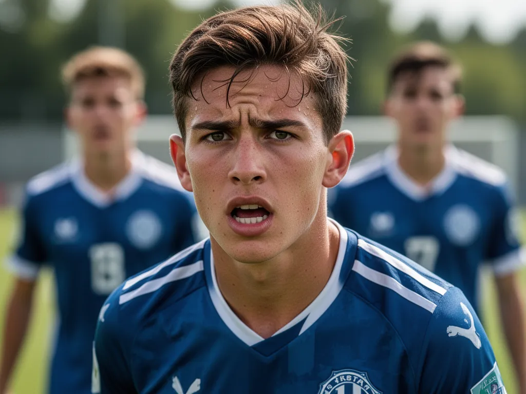 [Close-up of determined young soccer player's face during competitive match action with teammates visible]