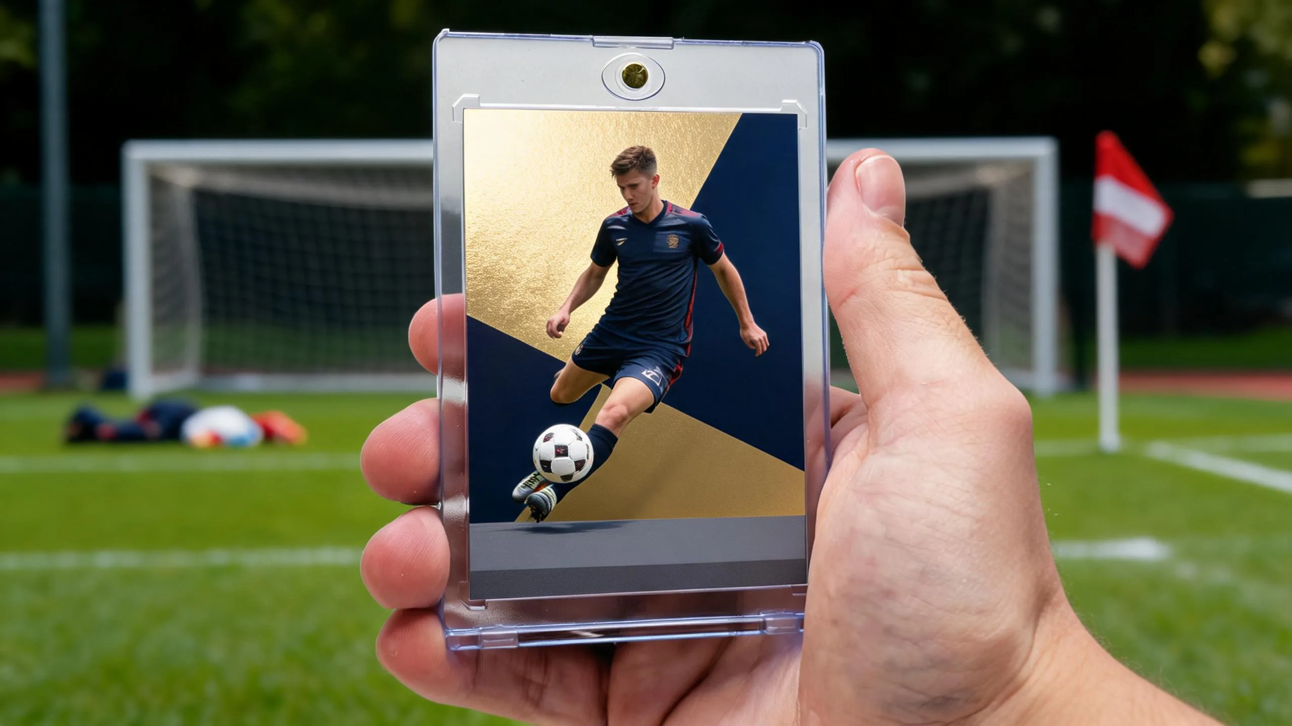 Hand holding a magnetic case with a gold fifa fut card creator soccer rating card design.