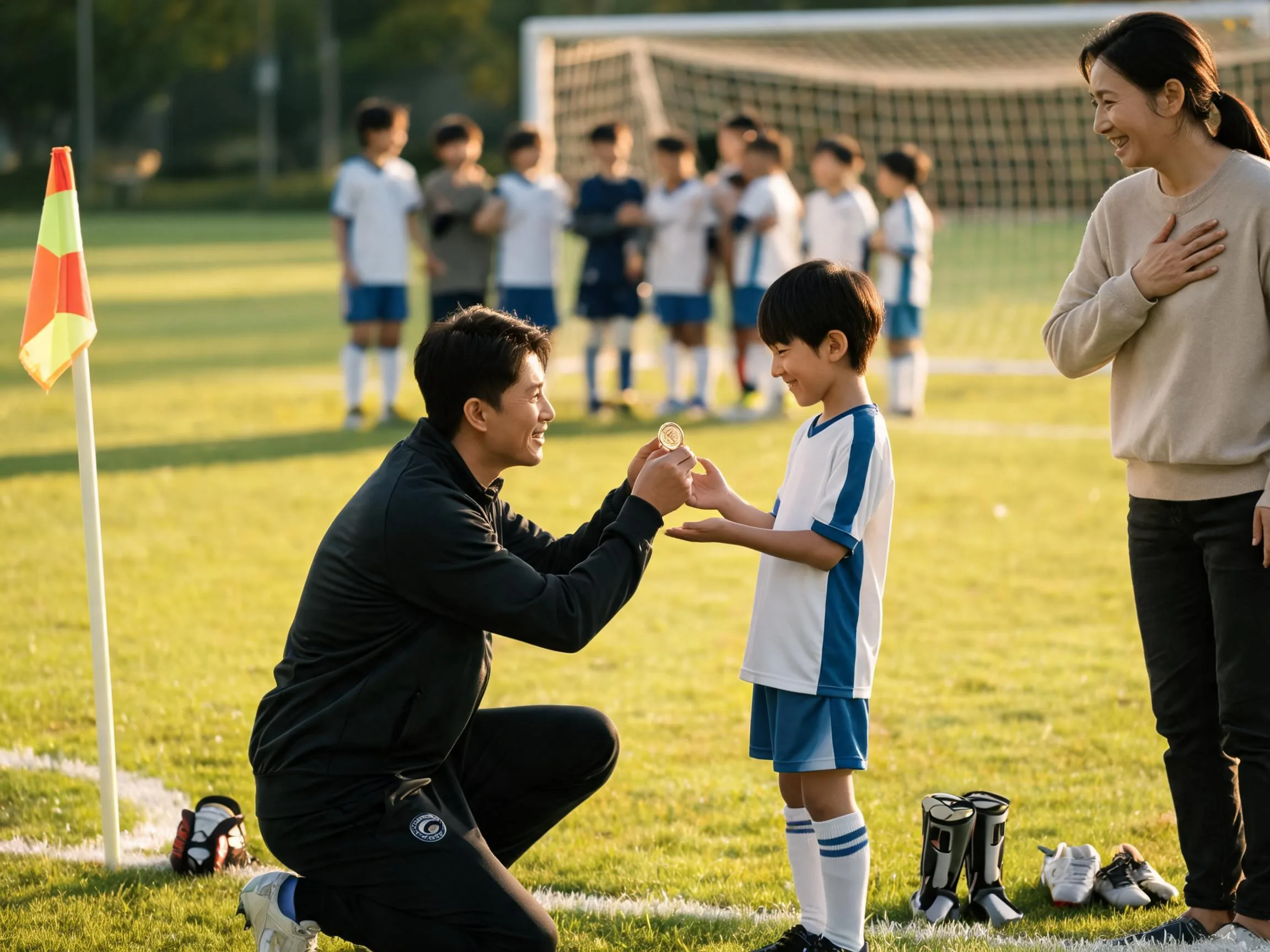 Coach and young soccer player share a proud emotional moment on the pitch.