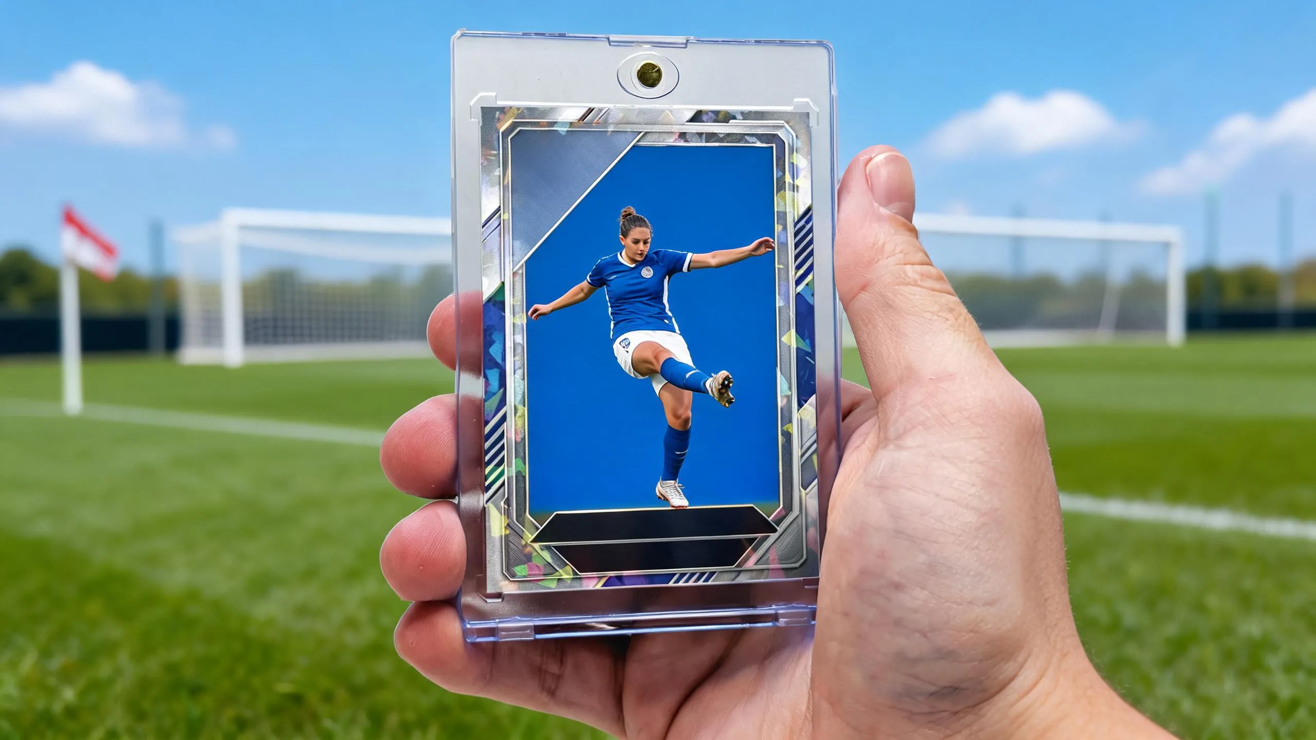 Hand holding fifa make your own card design in clear magnetic case on sunny pitch
