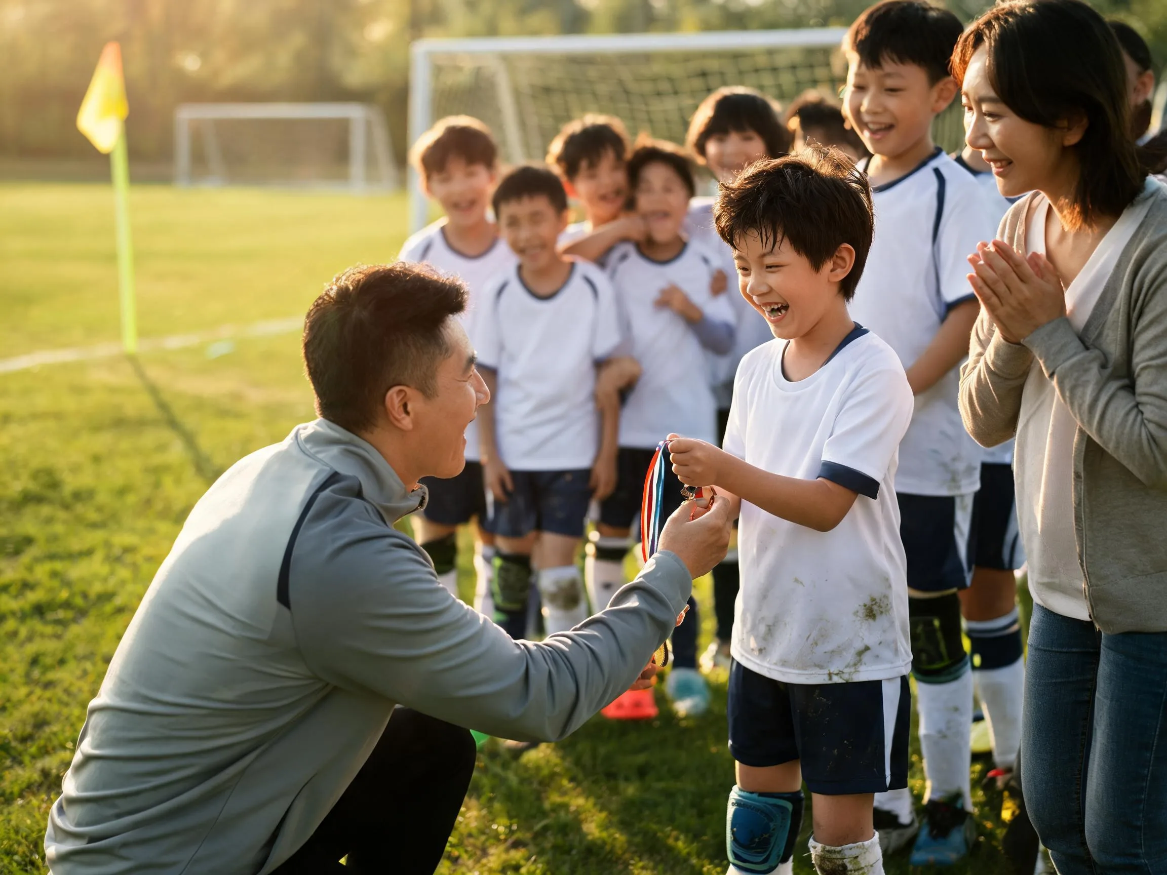 Coach and cheering teammates celebrate with a young soccer player on the field