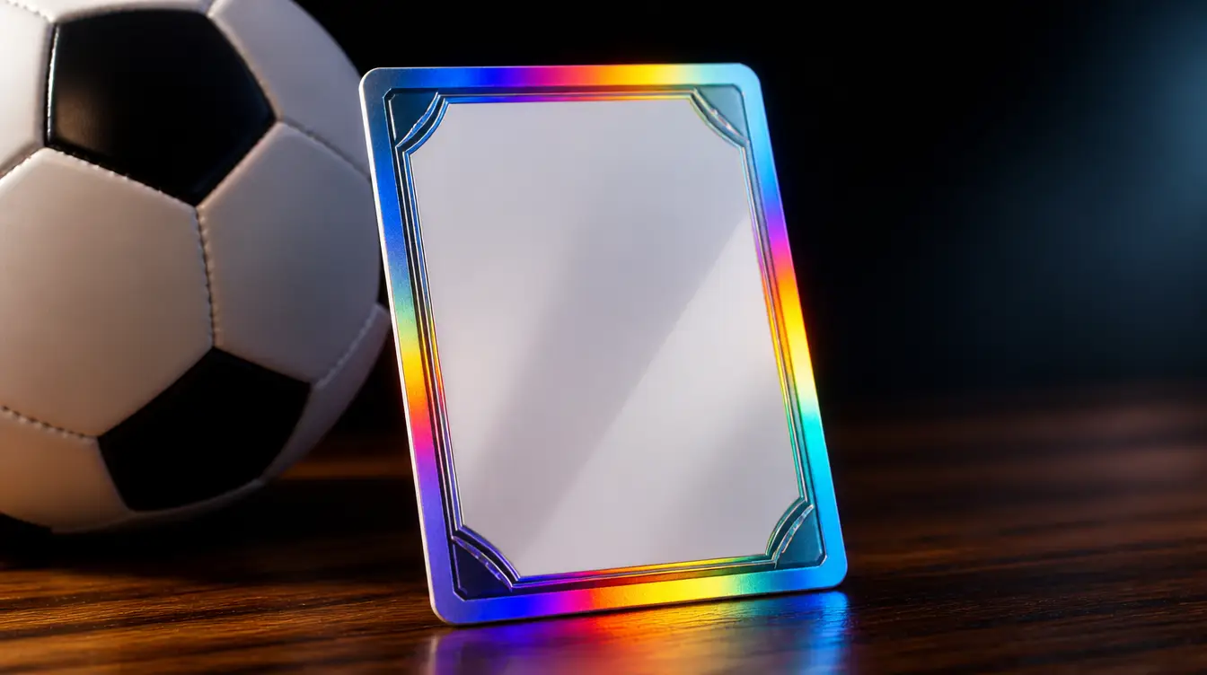 A blank soccer trading card with a holographic border beside a soccer ball