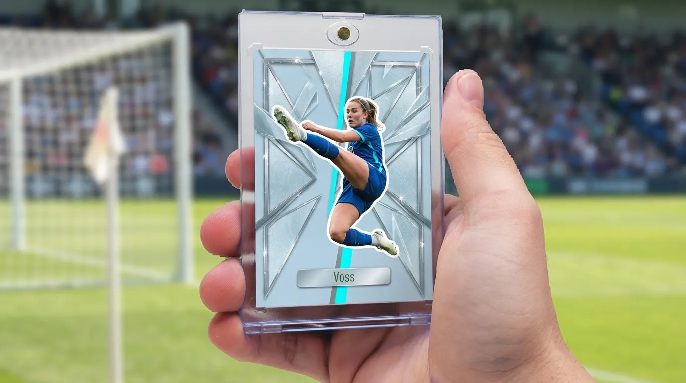 Hand holding fifa mobile card maker soccer card in magnetic case, icy blue refractor design.