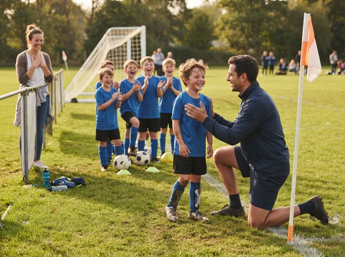 Coach celebrating with young soccer player on field as parent watches proudly.