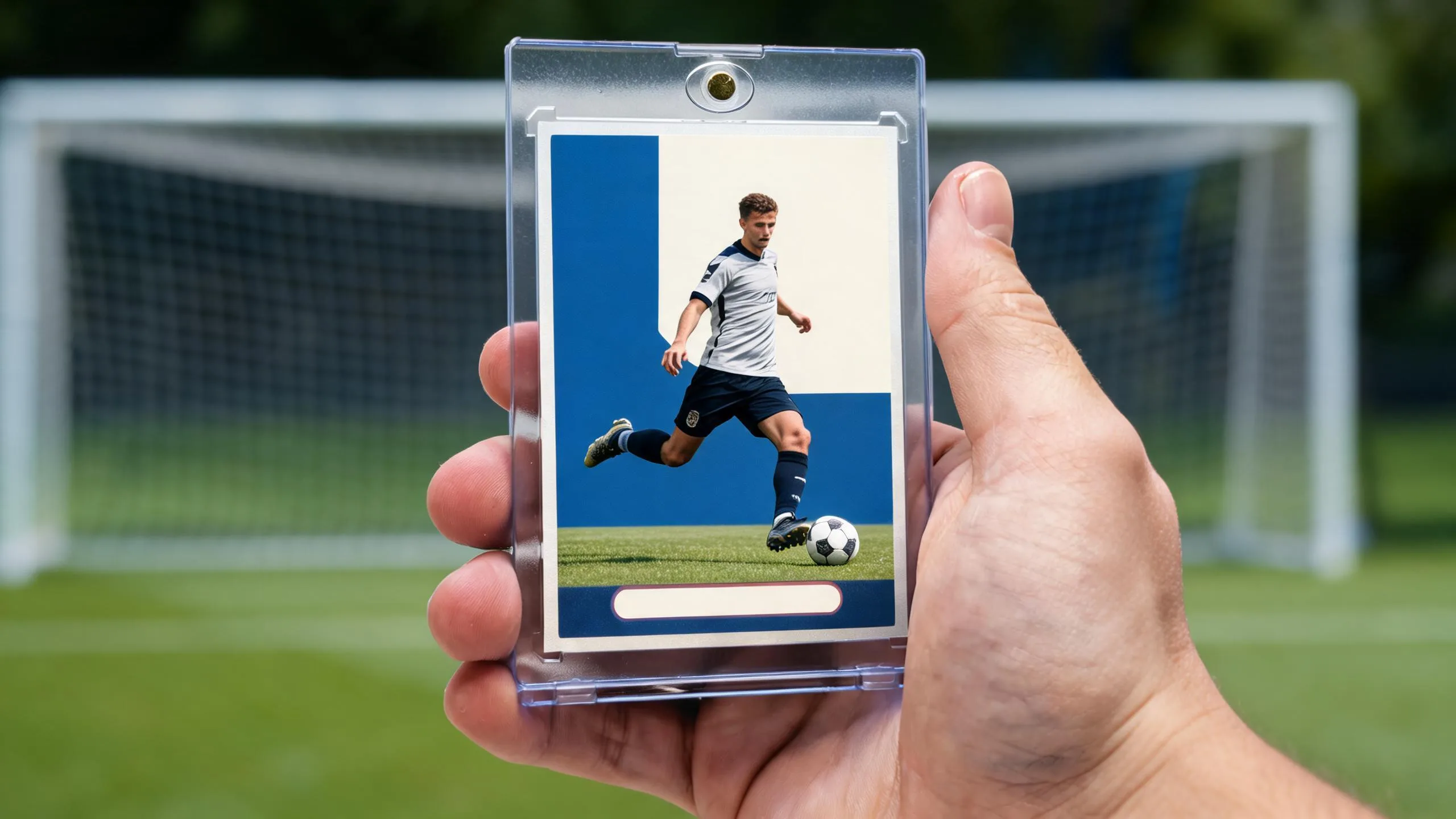 Hand holding fifa player card template in a clear magnetic case on a sunny soccer pitch