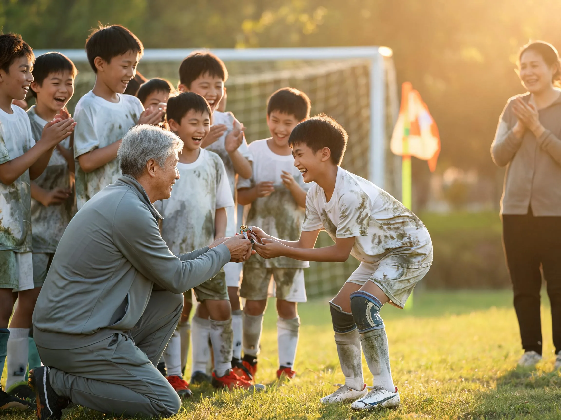 Coach and young soccer player share a proud celebration moment on the pitch