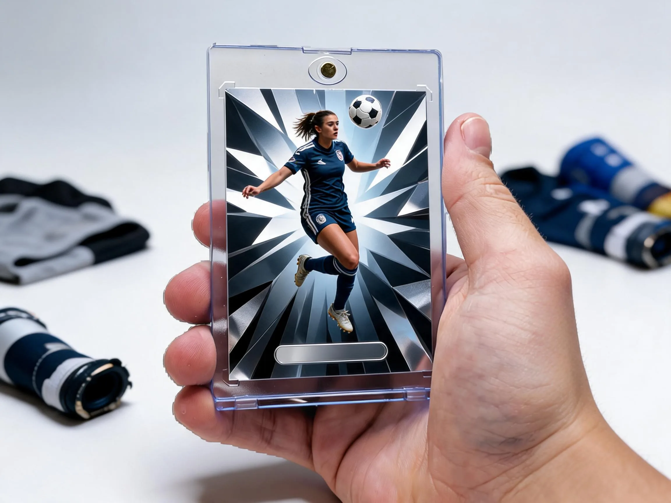 Custom soccer trading card in a magnetic case displayed near shin guards on white tabletop