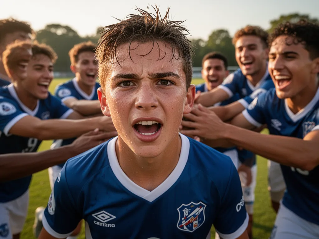 Young athlete's focused expression during celebratory team moment on soccer field