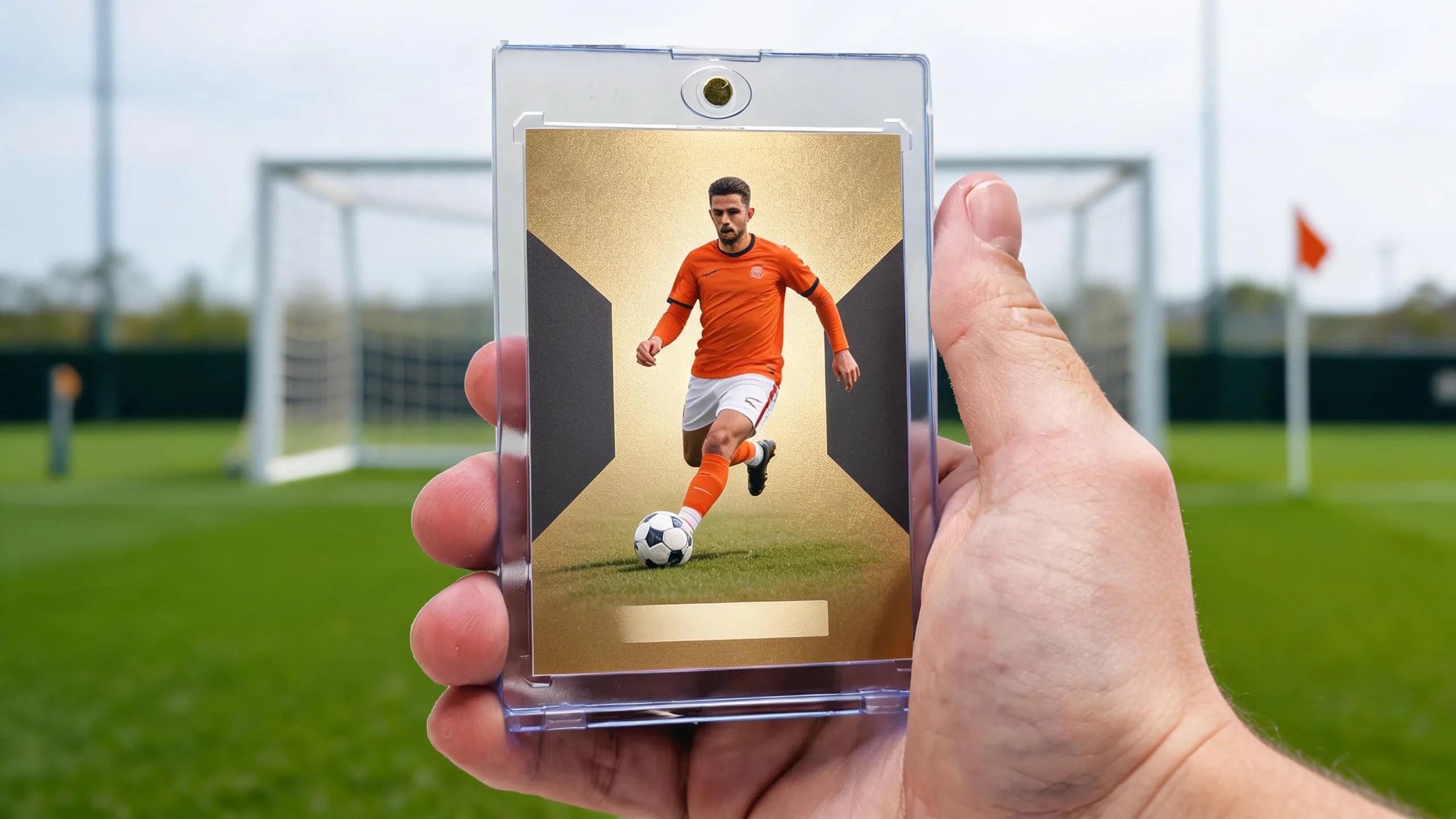 Hand holding fifa player generator magnetic case with gold-framed soccer player trading card.