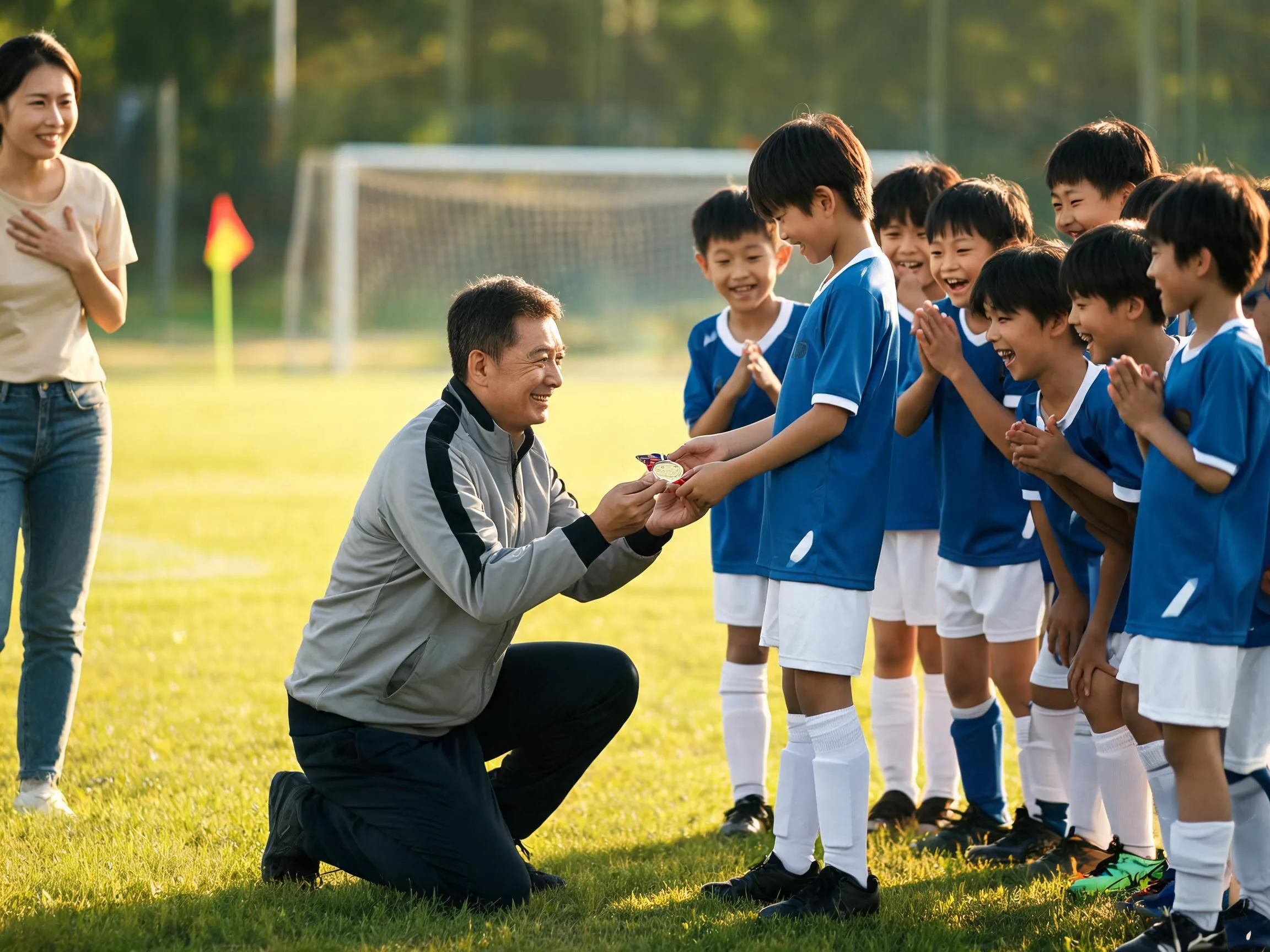 Coach and young soccer player share proud celebration moment on sunny pitch.