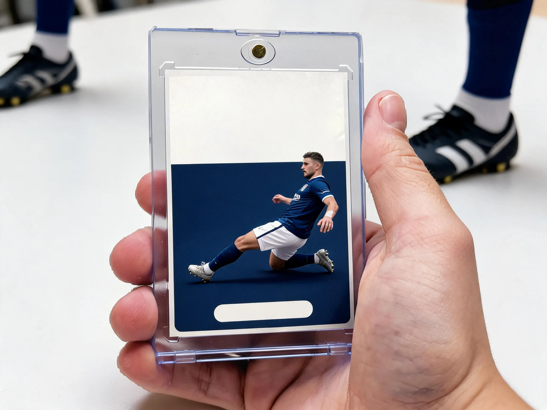 Custom soccer trading card in clear magnetic case standing on white tabletop.