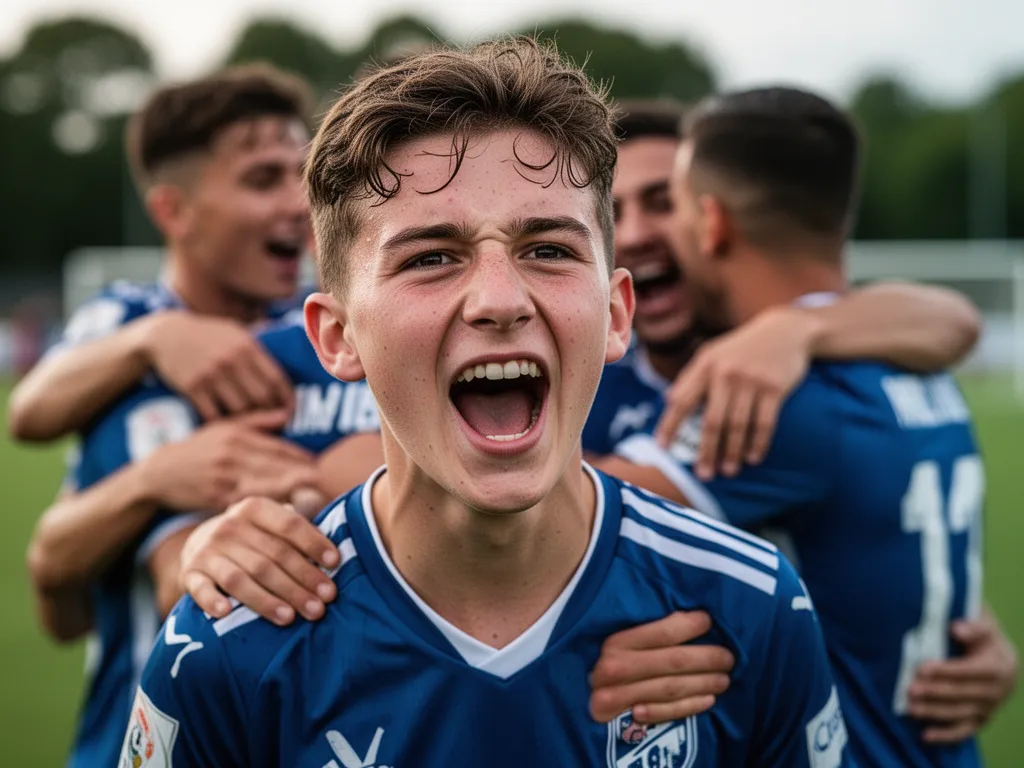Young soccer player celebrating with intense emotion surrounded by embracing teammates