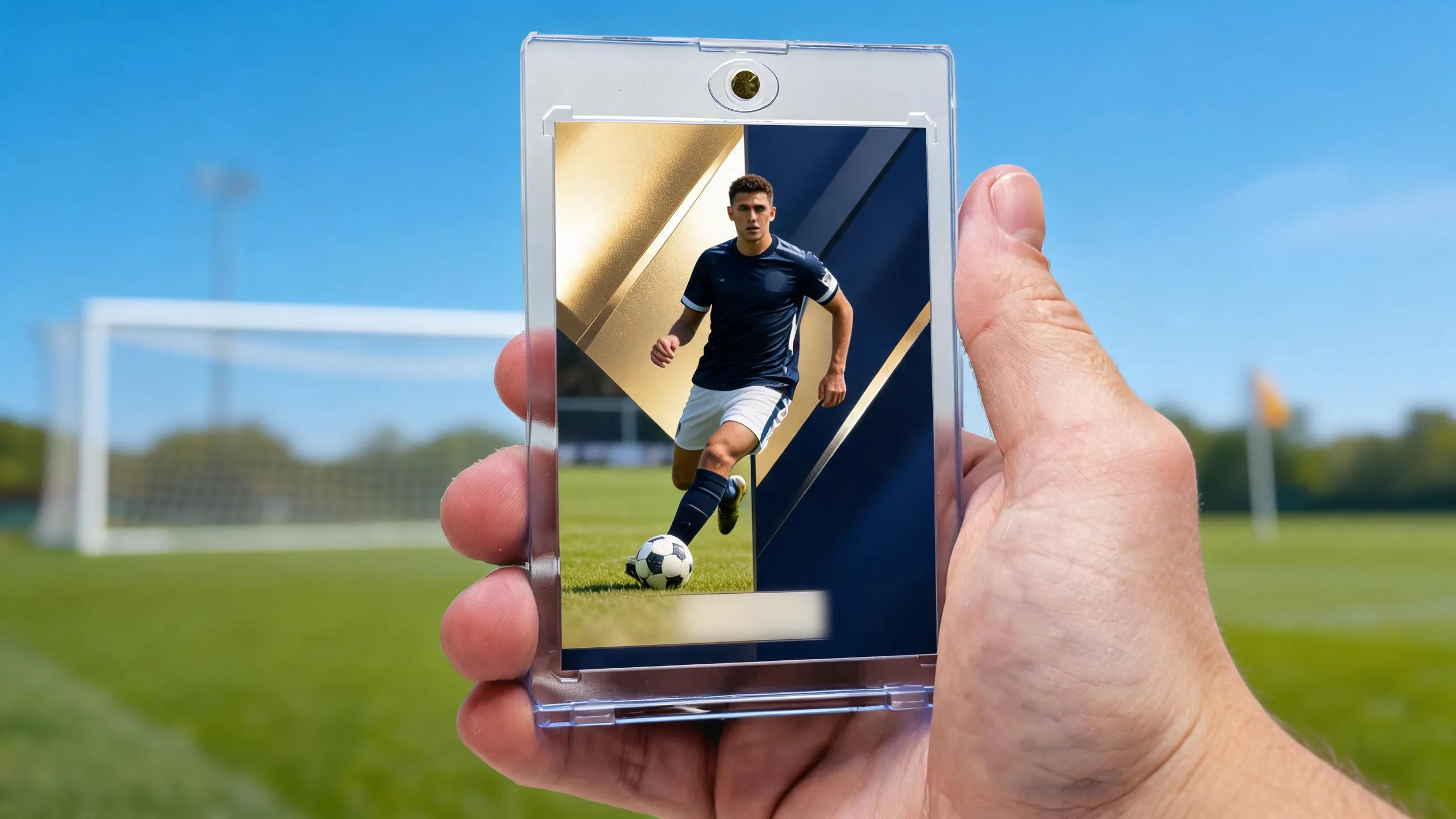 Hand holding magnetic case with brushed-gold fifa roster card creator soccer player card outdoors