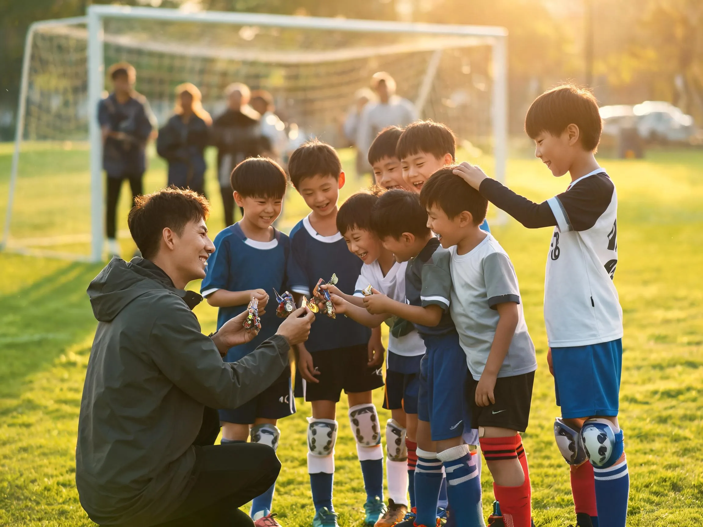 Coach and youth soccer team share a warm huddle moment on sunny field