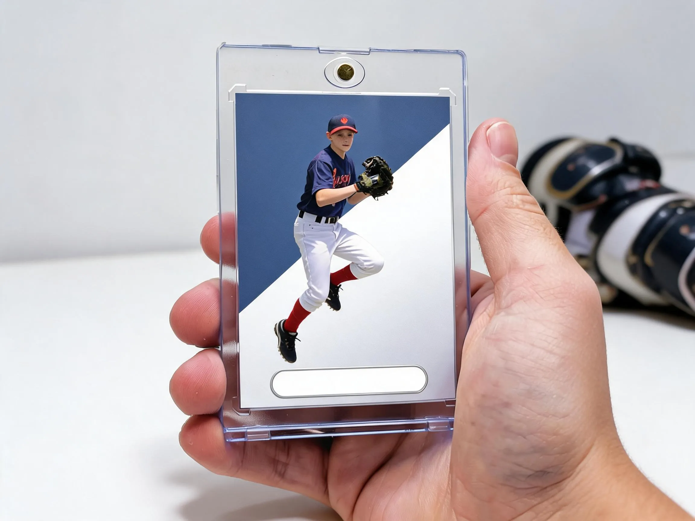 Custom soccer trading card in magnetic case standing on white tabletop display