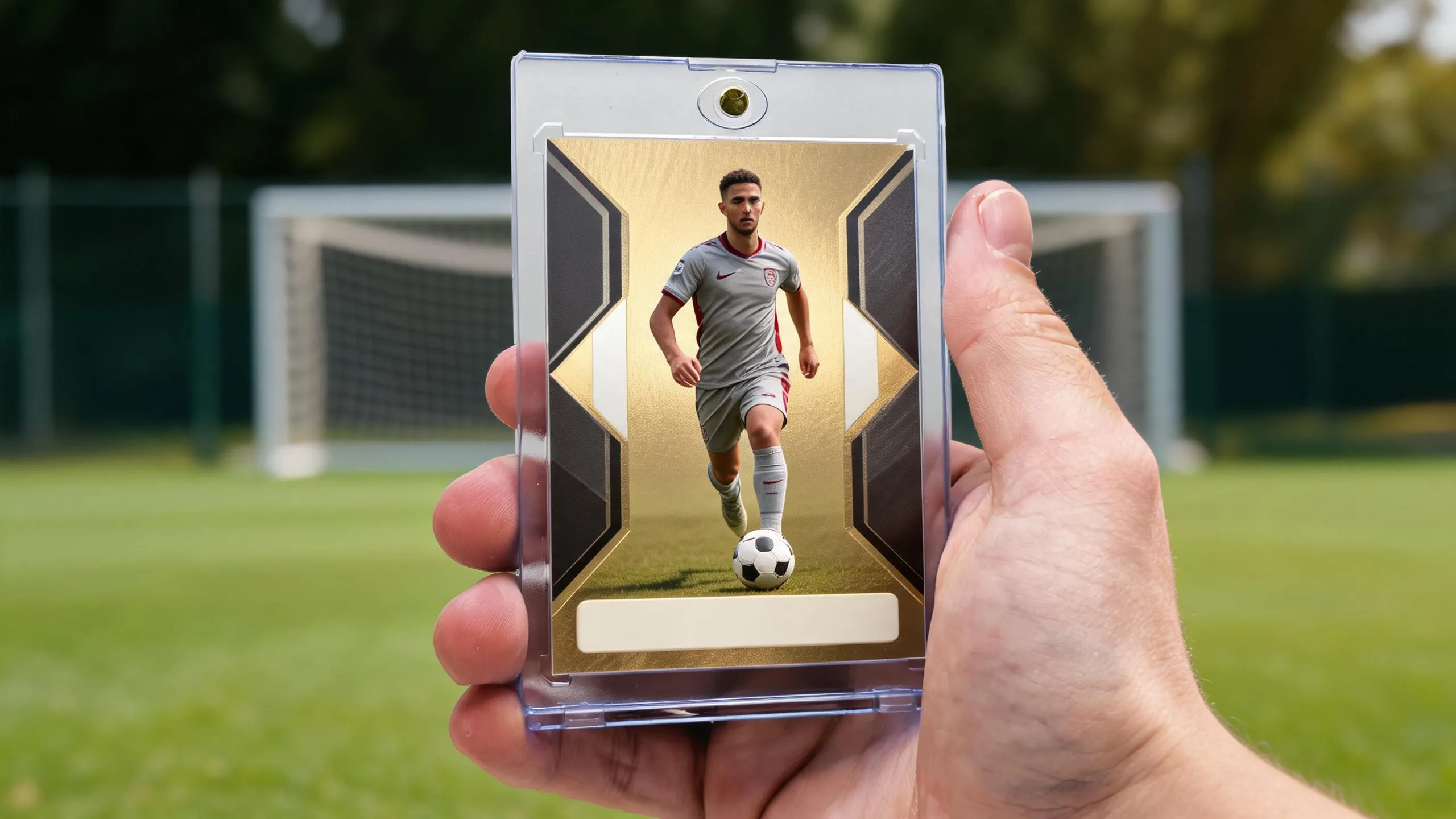 Hand holding magnetic case with gold fifa ultimate team cards style soccer player card design.