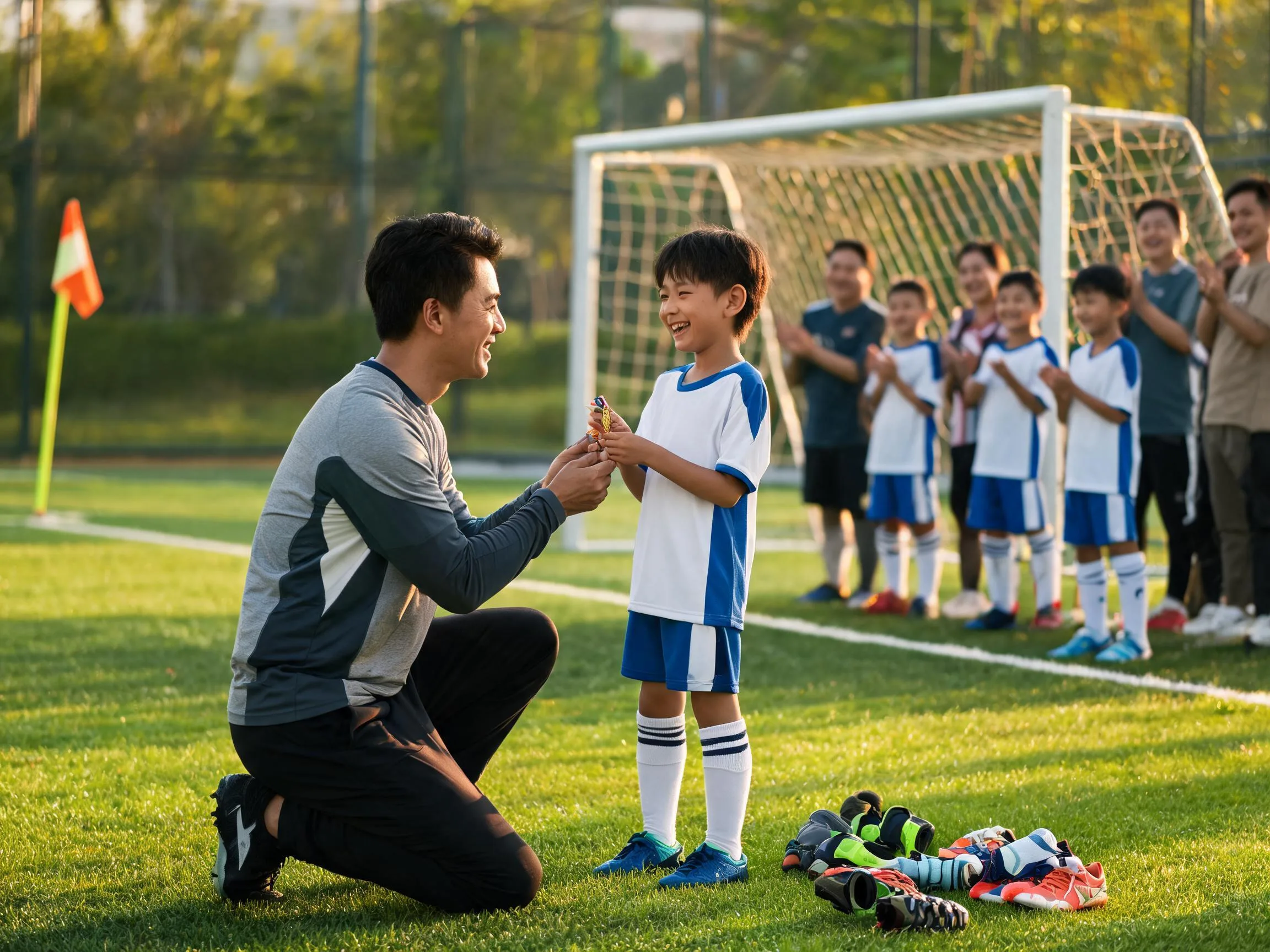 Coach and young soccer player share a proud, joyful moment on the field.
