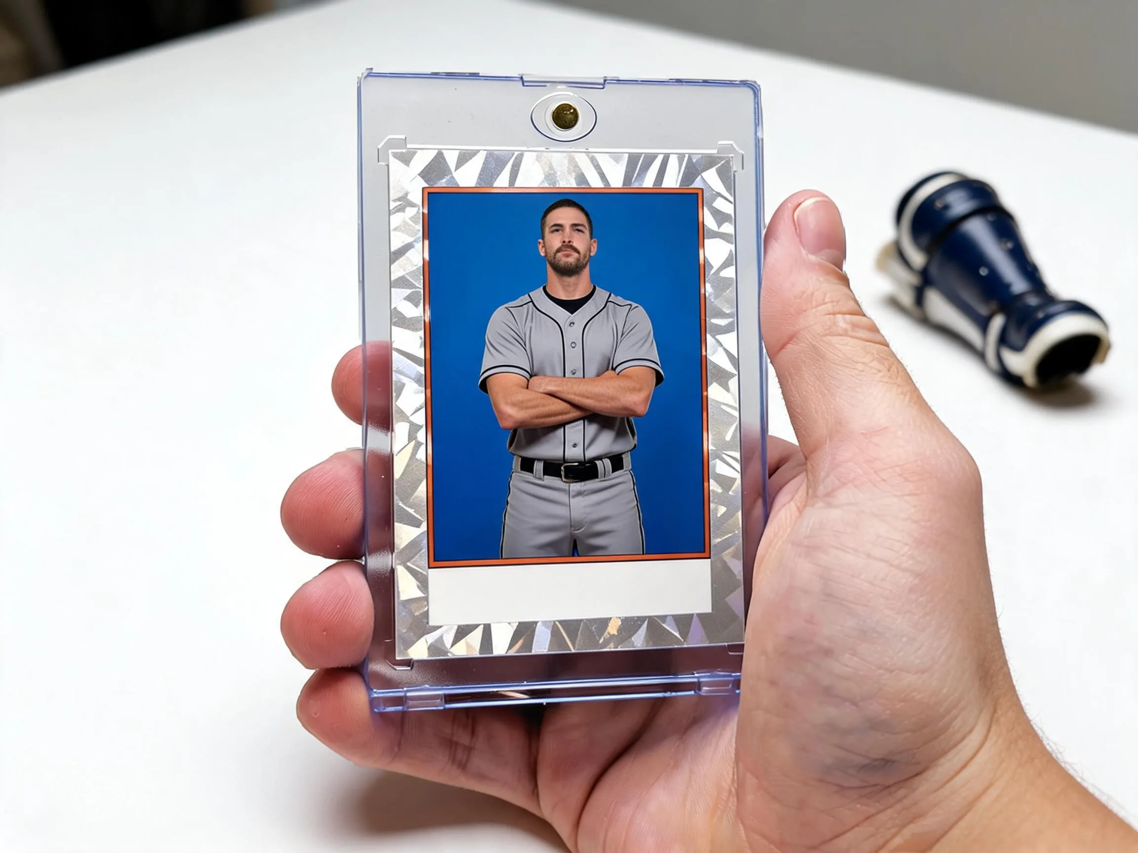 Custom soccer trading card in clear magnetic case, blue and silver defender design.