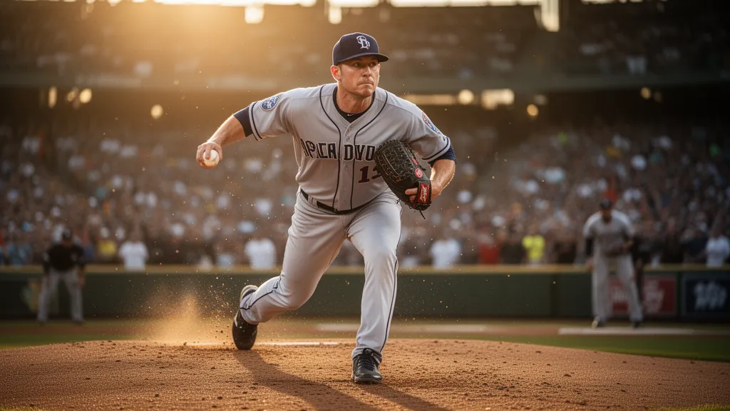 Baseball pitcher in mid-throw during competitive game with dynamic motion and natural lighting