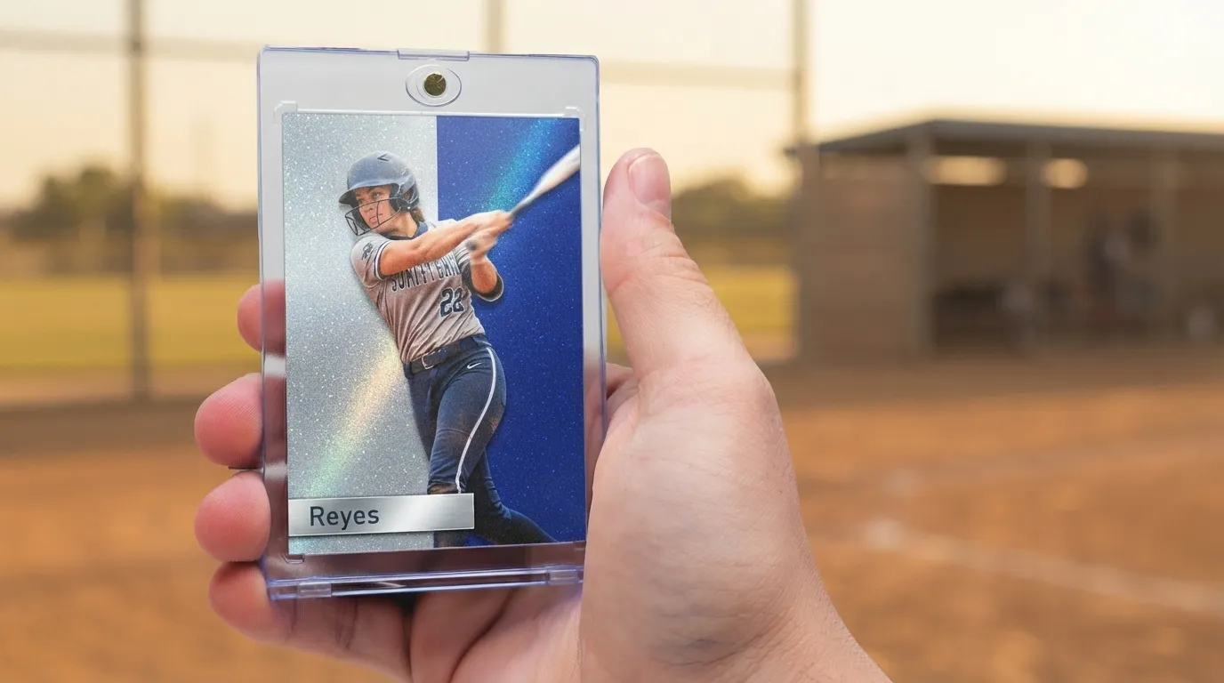 Hand holds magnetic case with premium refractor card, illustrating how to find baseball card value.