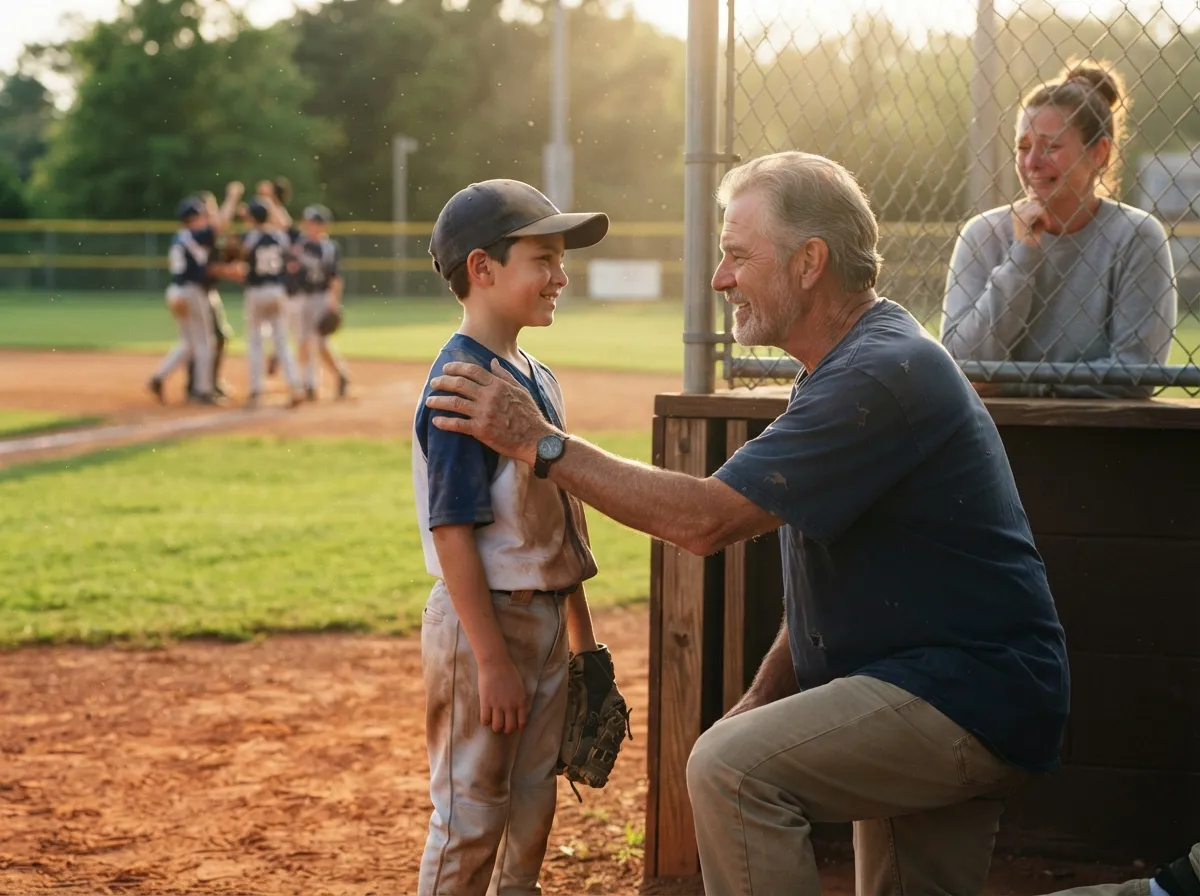 Coach and young baseball player share a proud, emotional moment near the dugout fence.