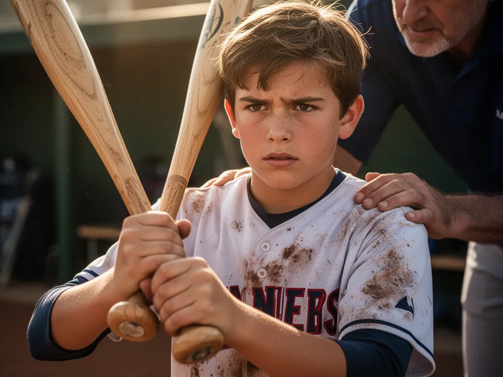 Young baseball player holding bat with coach's supportive hand on shoulder before batting