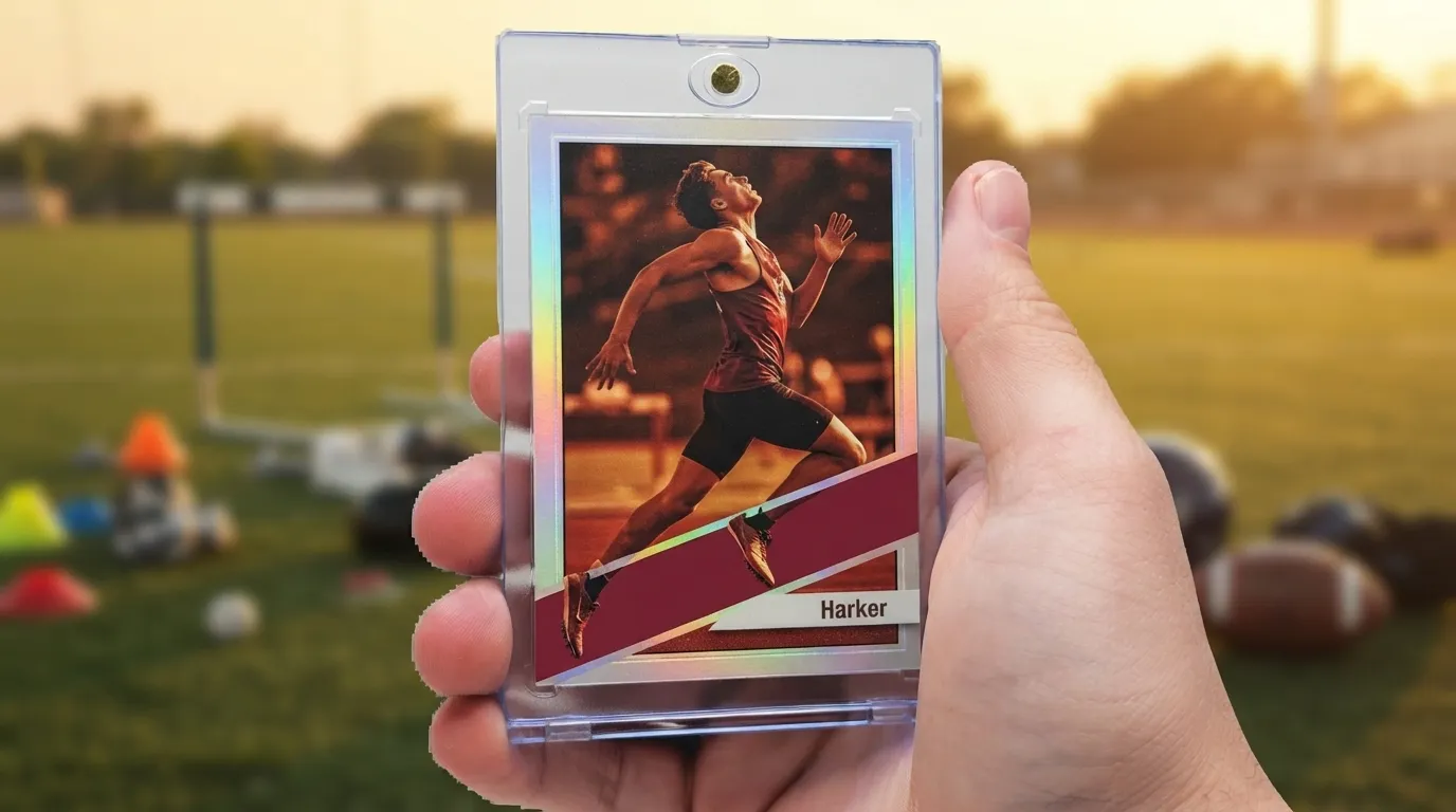 Hand holding magnetic case with fire photography sports trading card, golden-hour athletic field background.