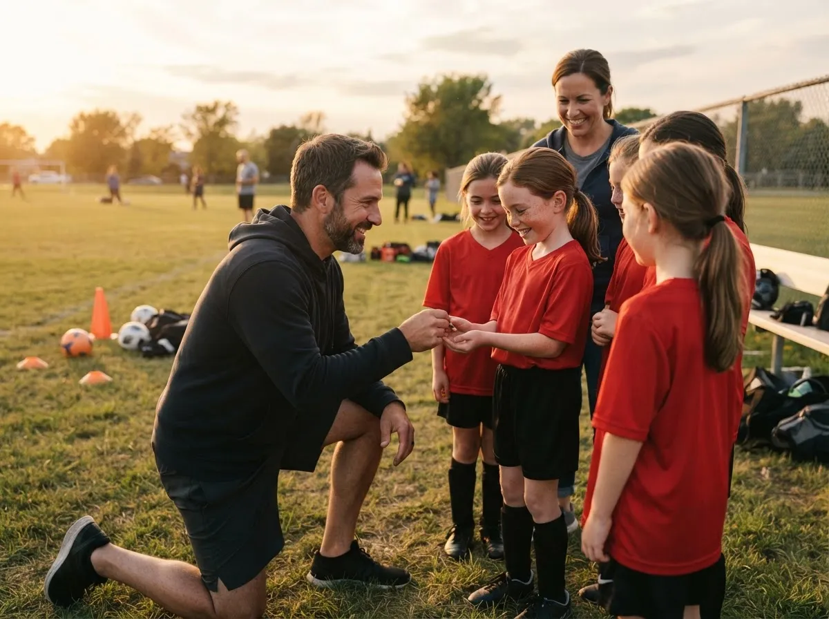 Coach and young athlete share a joyful moment on the field with proud parent watching.