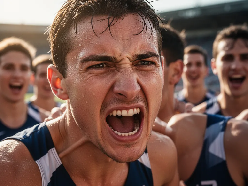 Close-up portrait of determined athlete's face showing emotion and intensity during competition outdoors