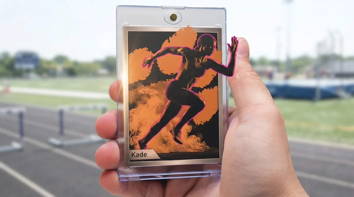 Hand holding magnetic case with duotone fire sports photography trading card of sprinting athlete.