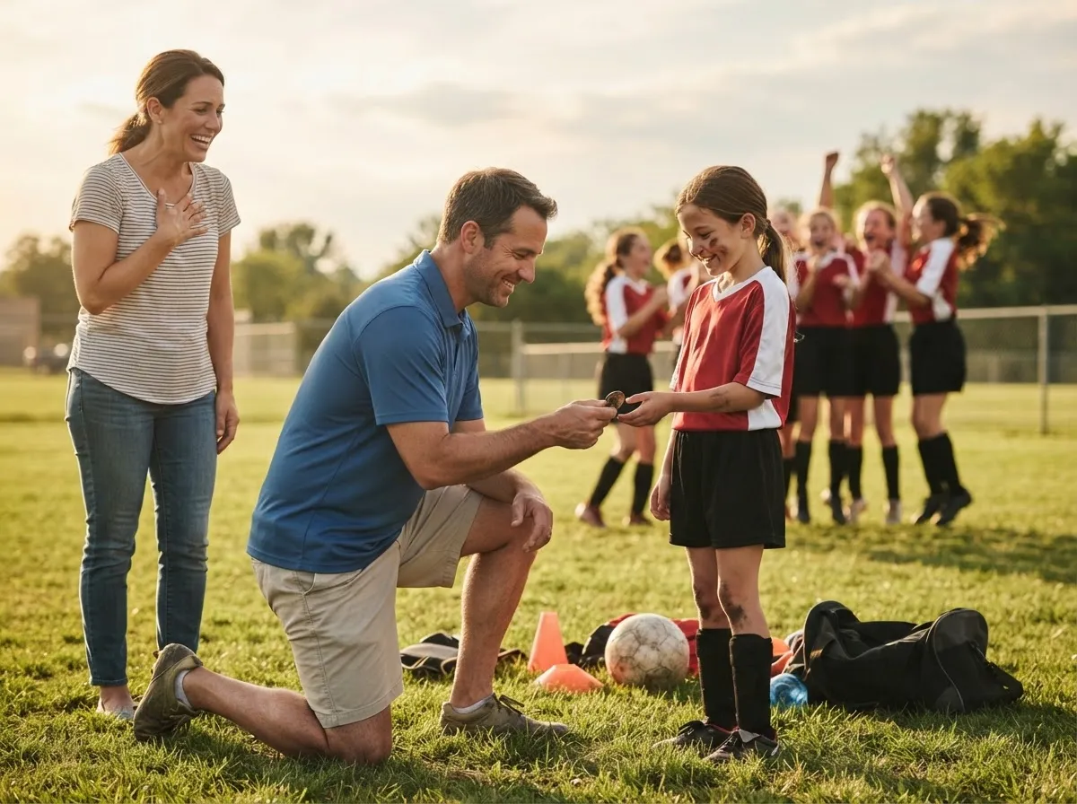 Coach kneeling to share a proud moment with young athlete as parent and team celebrate.