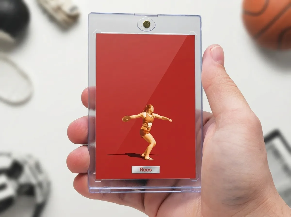 Custom fire sports photography trading card in magnetic case showing red editorial discus design.