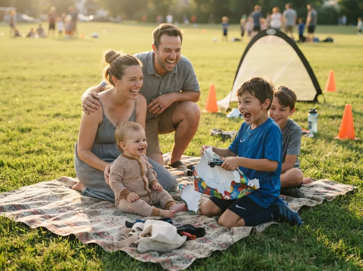 Family celebrates a happy first birthday gift moment on a sunny athletic field.