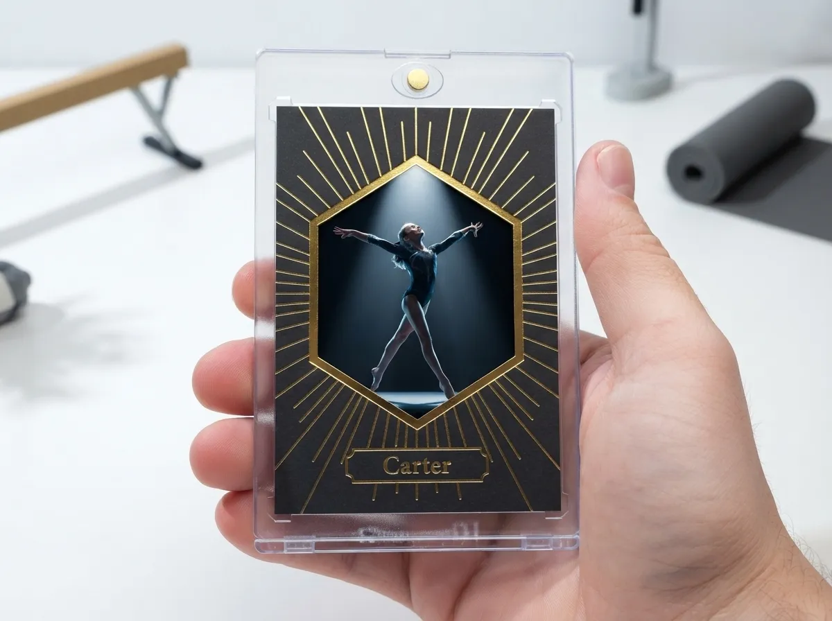 Custom sports trading card in magnetic case showing gymnast framed by gold foil burst.
