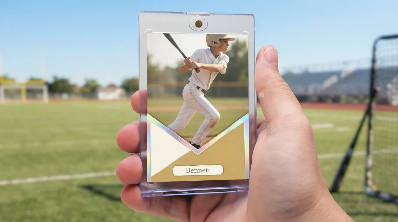 Hand holding magnetic case with first communion gifts sports card featuring gold diagonal chrome frame.