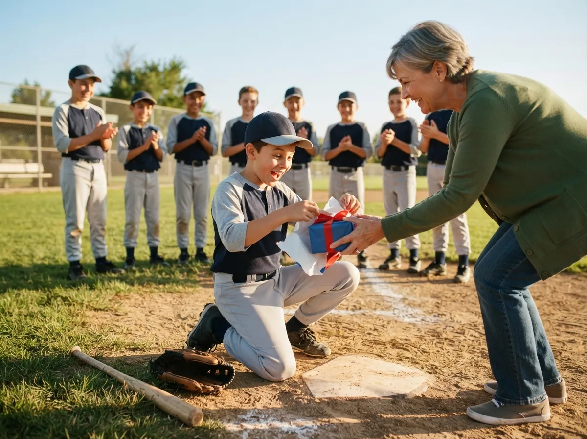 Young athlete on sunny field joyfully unwrapping a first communion gift with family nearby.