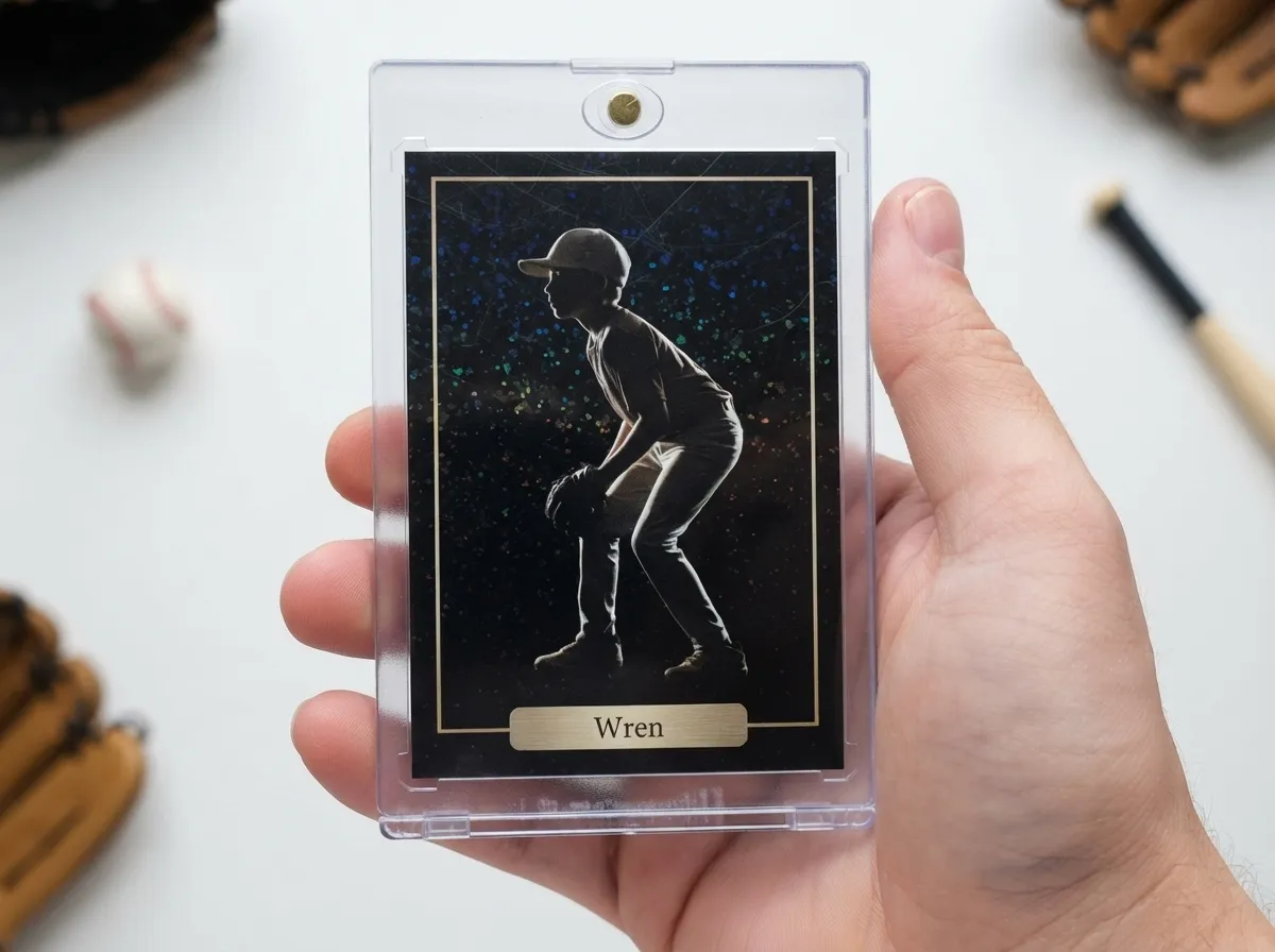 Custom sports trading card in magnetic case, near-black design with gold neon rim light.