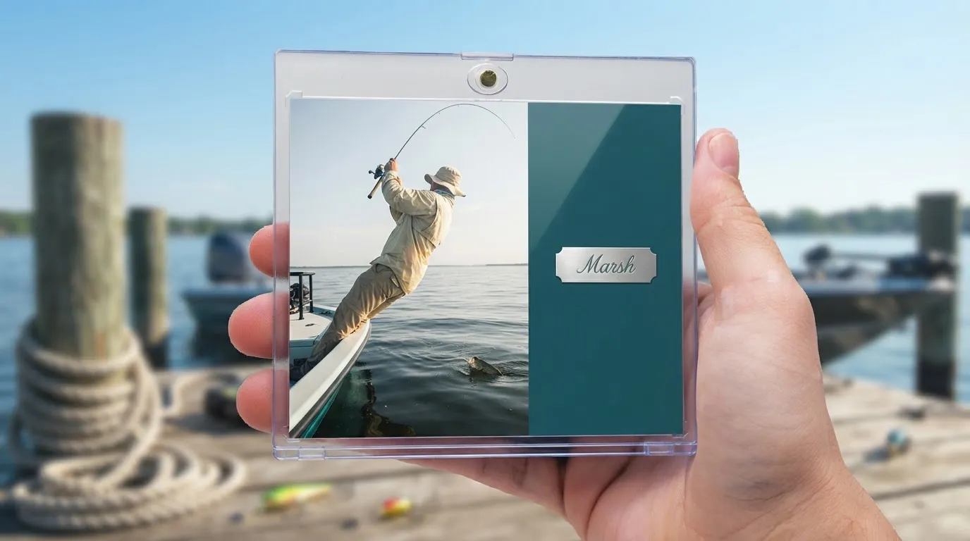 Hand holding magnetic case with a fishing gifts trading card of an angler casting a rod.