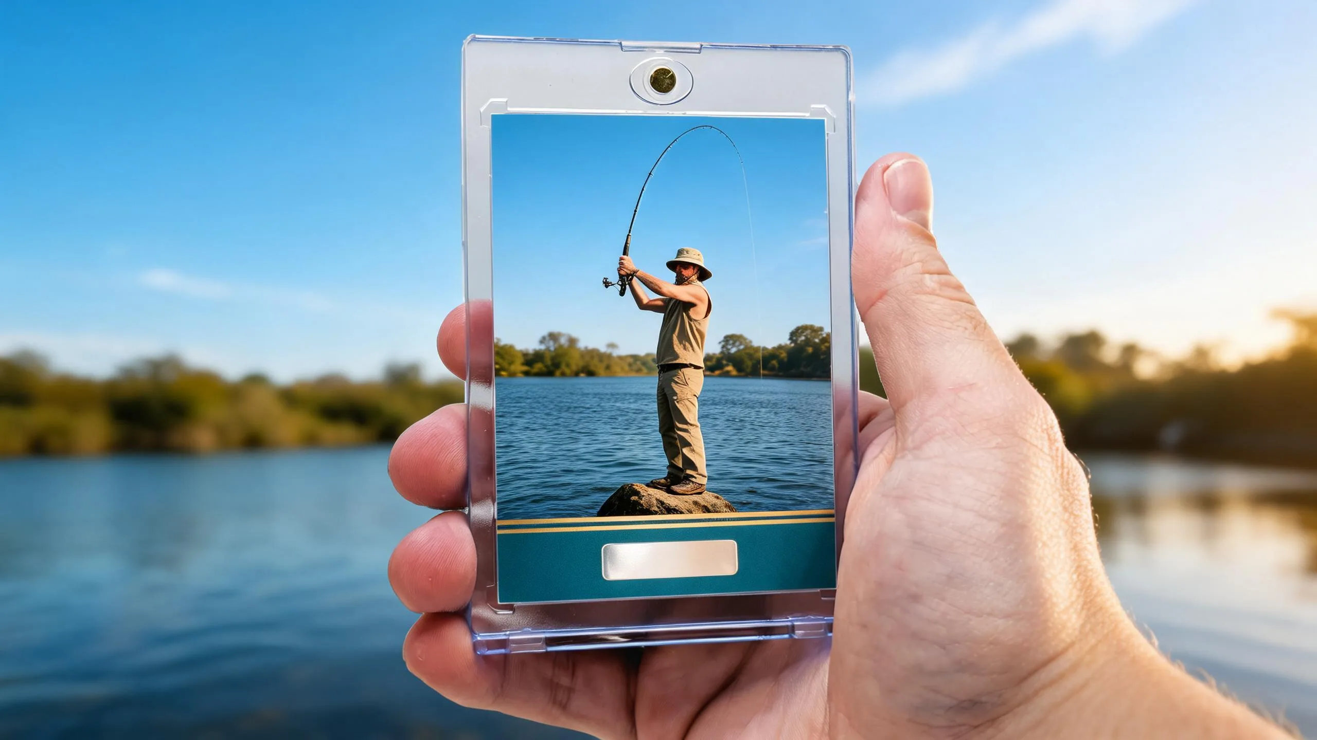 Hand holding magnetic case with angler trading card, fishing gifts idea, lakeshore background.