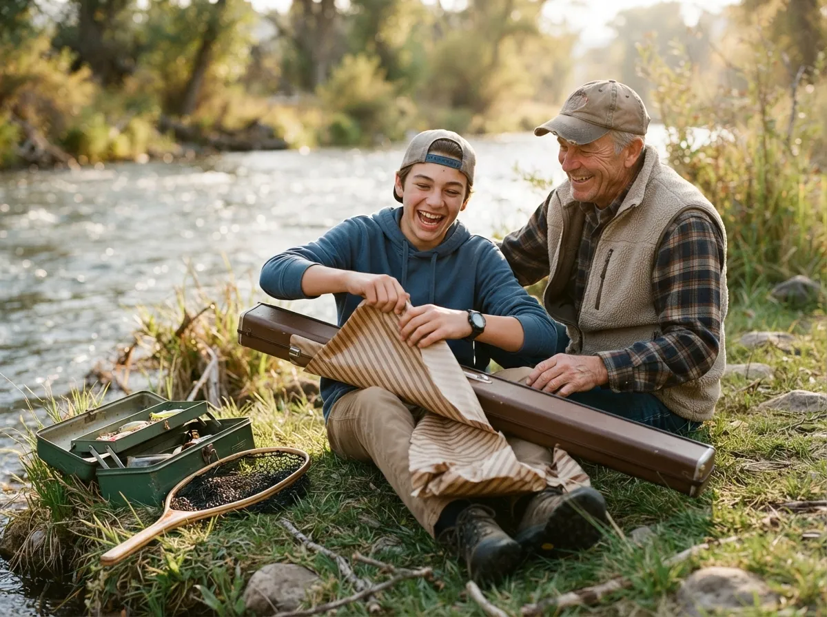 Teen laughing while unwrapping a fishing rod gift outdoors near a river.