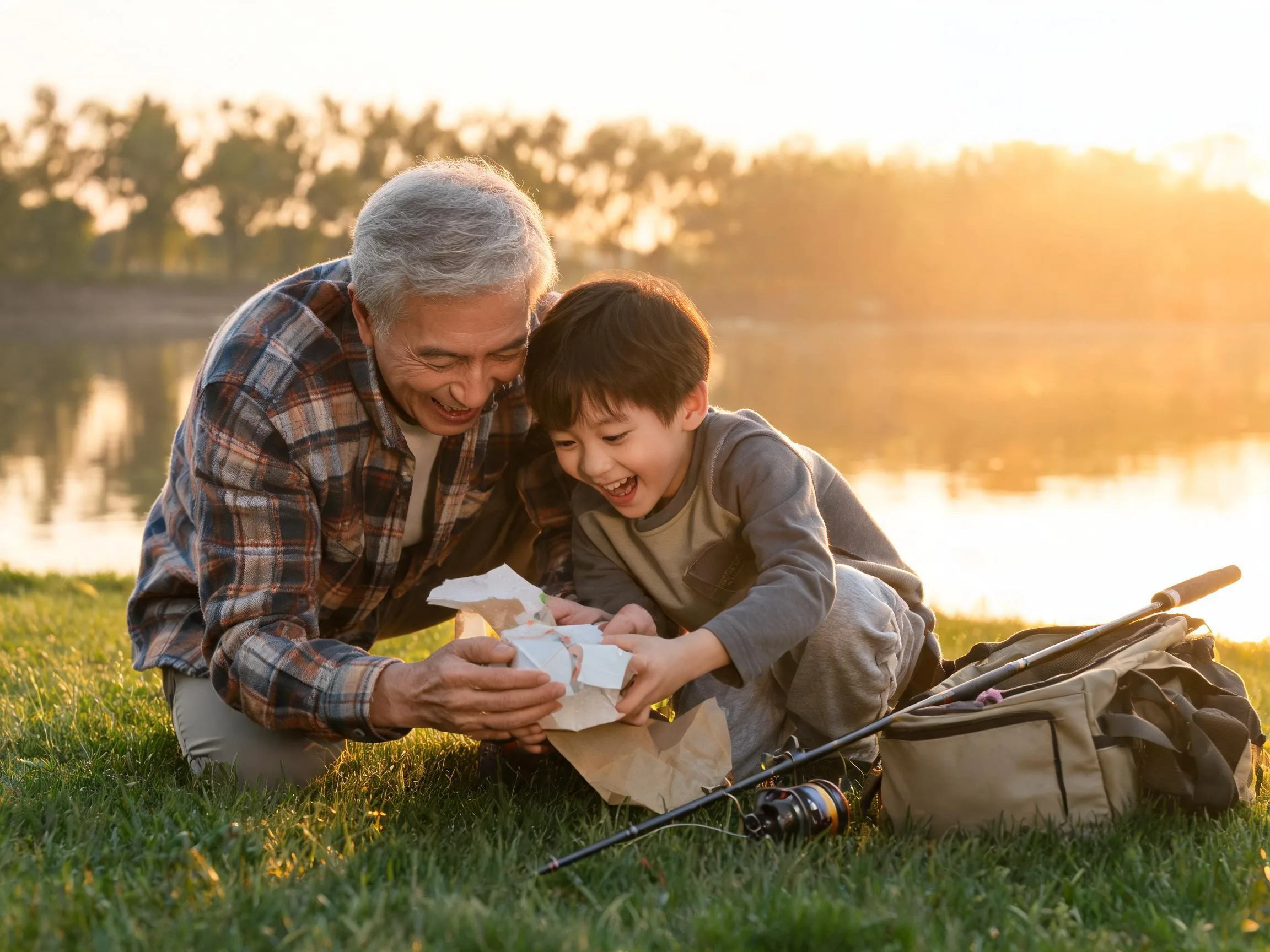 Grandfather and grandchild sharing joyful surprise while unwrapping a gift at the lake.