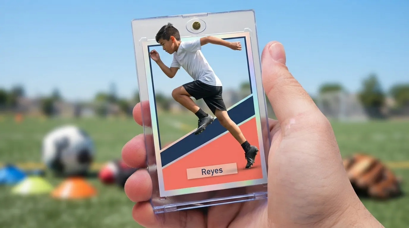 Hand holds magnetic case with flash cards for toddlers sports card, diagonal chrome frame design.