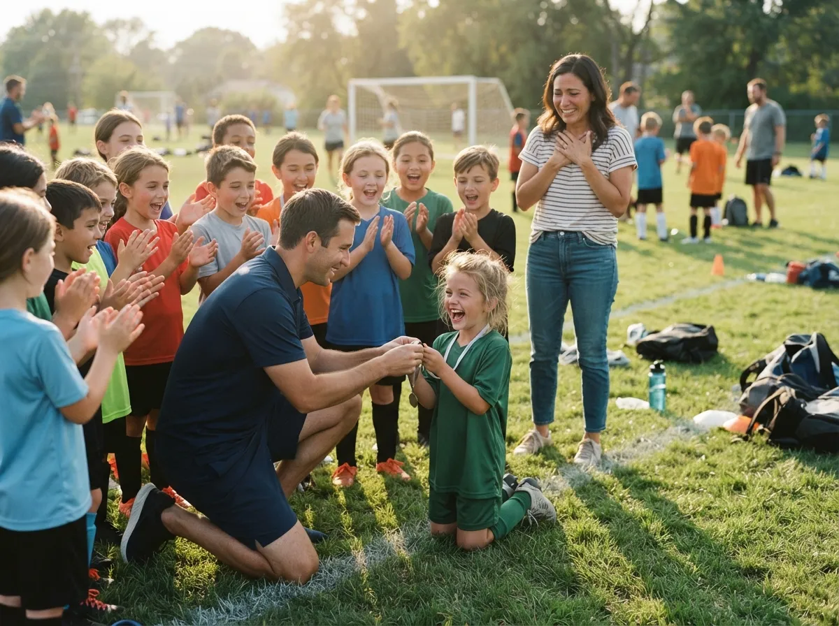 Coach and beaming young athlete share proud team celebration moment on sunny field.
