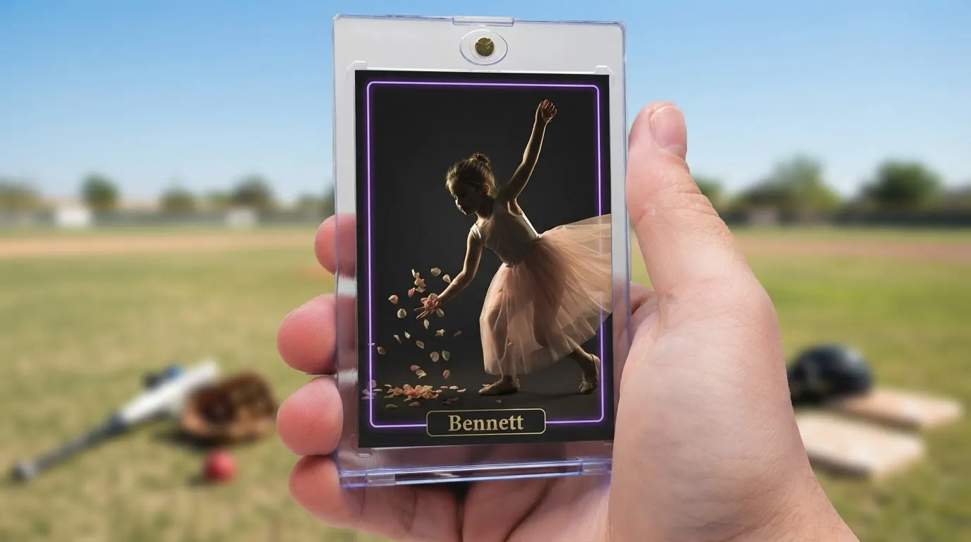 Hand holds magnetic case with flower girl proposal trading card, neon-edged design, outdoors under blue sky.